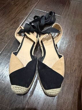 Zara Black and Tan Two-Tone Espadrille Ankle Tie Flats